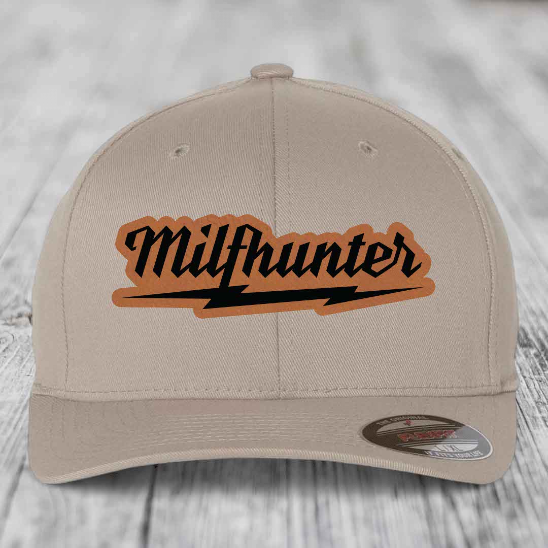 Milfhunter - Leather Patch Hat - Rawhide to Black Patch - Flexfit 6277 Fitted Hat