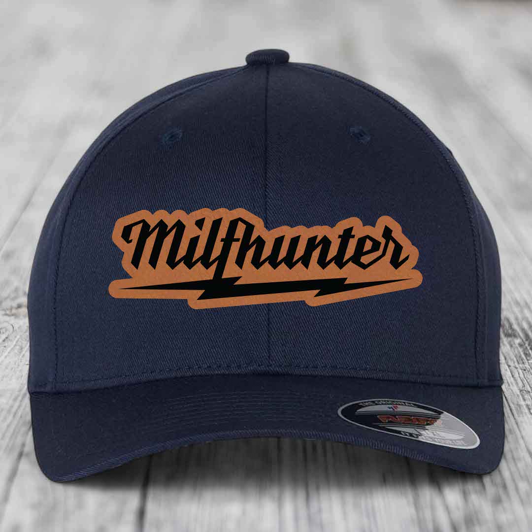 Milfhunter - Leather Patch Hat - Rawhide to Black Patch - Flexfit 6277 Fitted Hat