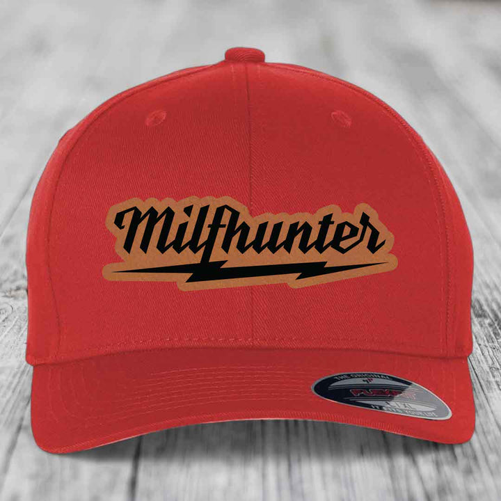 Milfhunter - Leather Patch Hat - Rawhide to Black Patch - Flexfit 6277 Fitted Hat