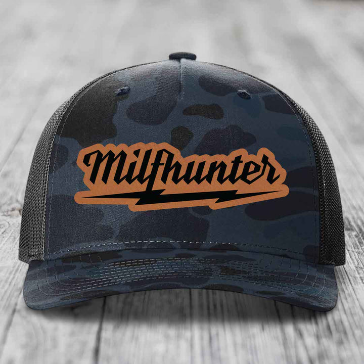 Milfhunter - Leather Patch Hat - Rawhide to Black Patch - Richardson 112PFP Snapback Trucker Hat