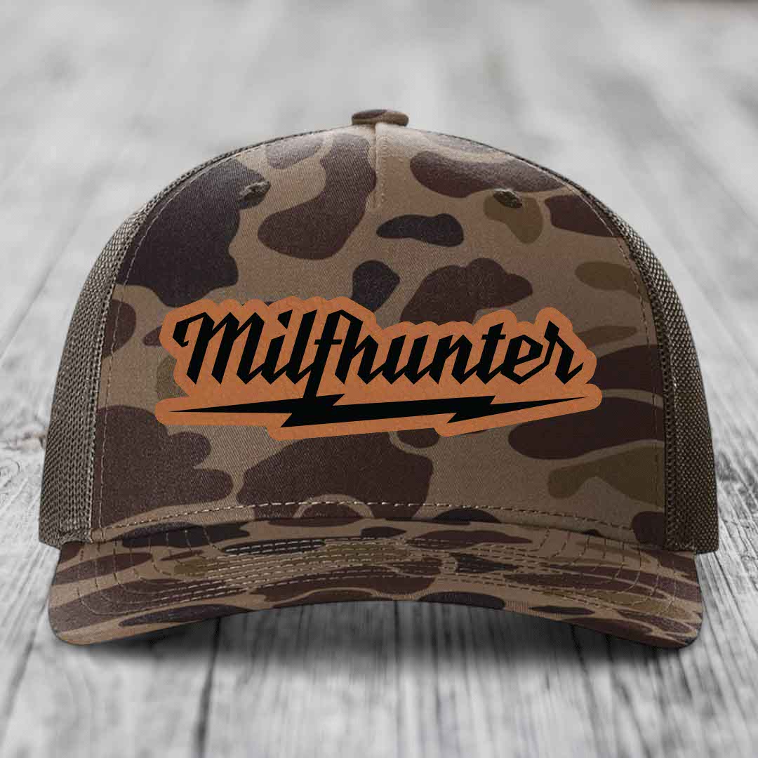 Milfhunter - Leather Patch Hat - Rawhide to Black Patch - Richardson 112PFP Snapback Trucker Hat