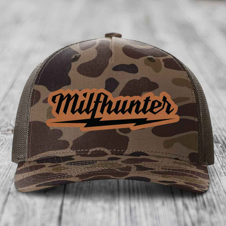 Milfhunter - Leather Patch Hat - Rawhide to Black Patch - Richardson 112PFP Snapback Trucker Hat