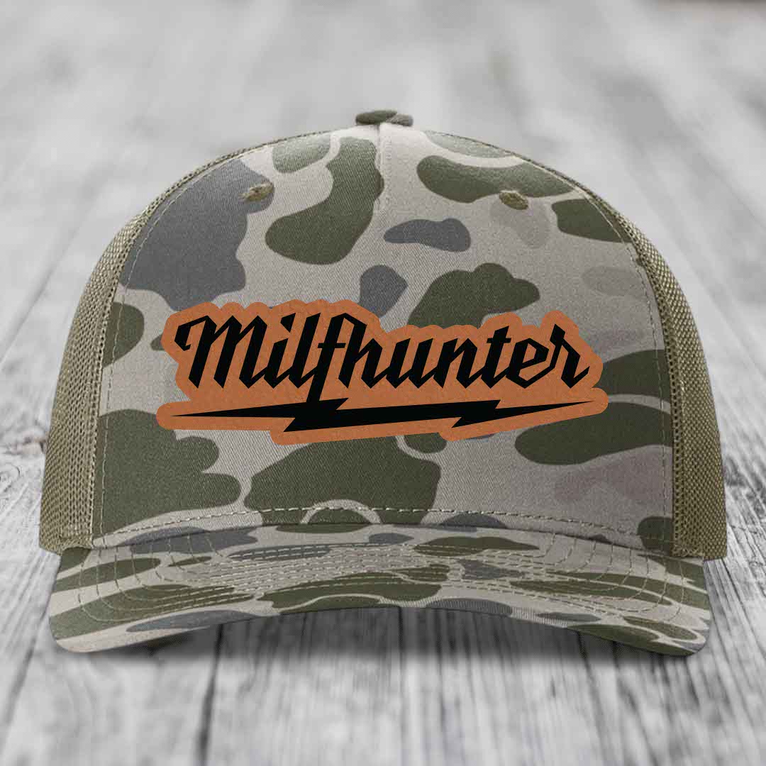 Milfhunter - Leather Patch Hat - Rawhide to Black Patch - Richardson 112PFP Snapback Trucker Hat