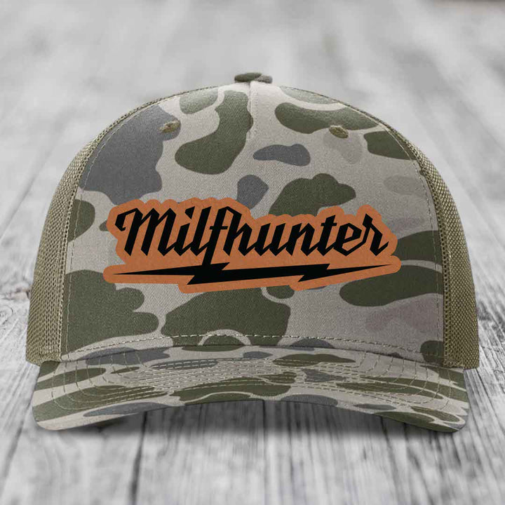 Milfhunter - Leather Patch Hat - Rawhide to Black Patch - Richardson 112PFP Snapback Trucker Hat