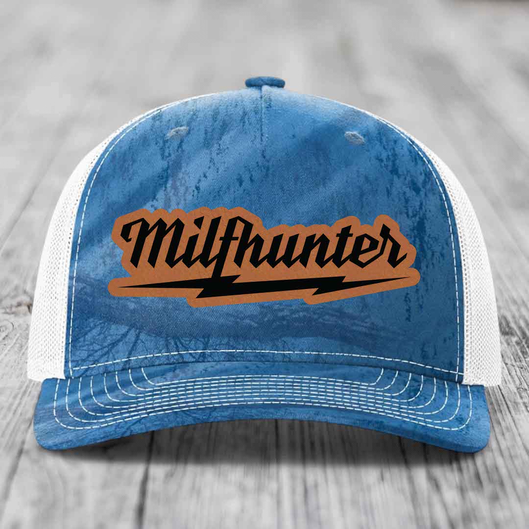 Milfhunter - Leather Patch Hat - Rawhide to Black Patch - Richardson 112PFP Snapback Trucker Hat