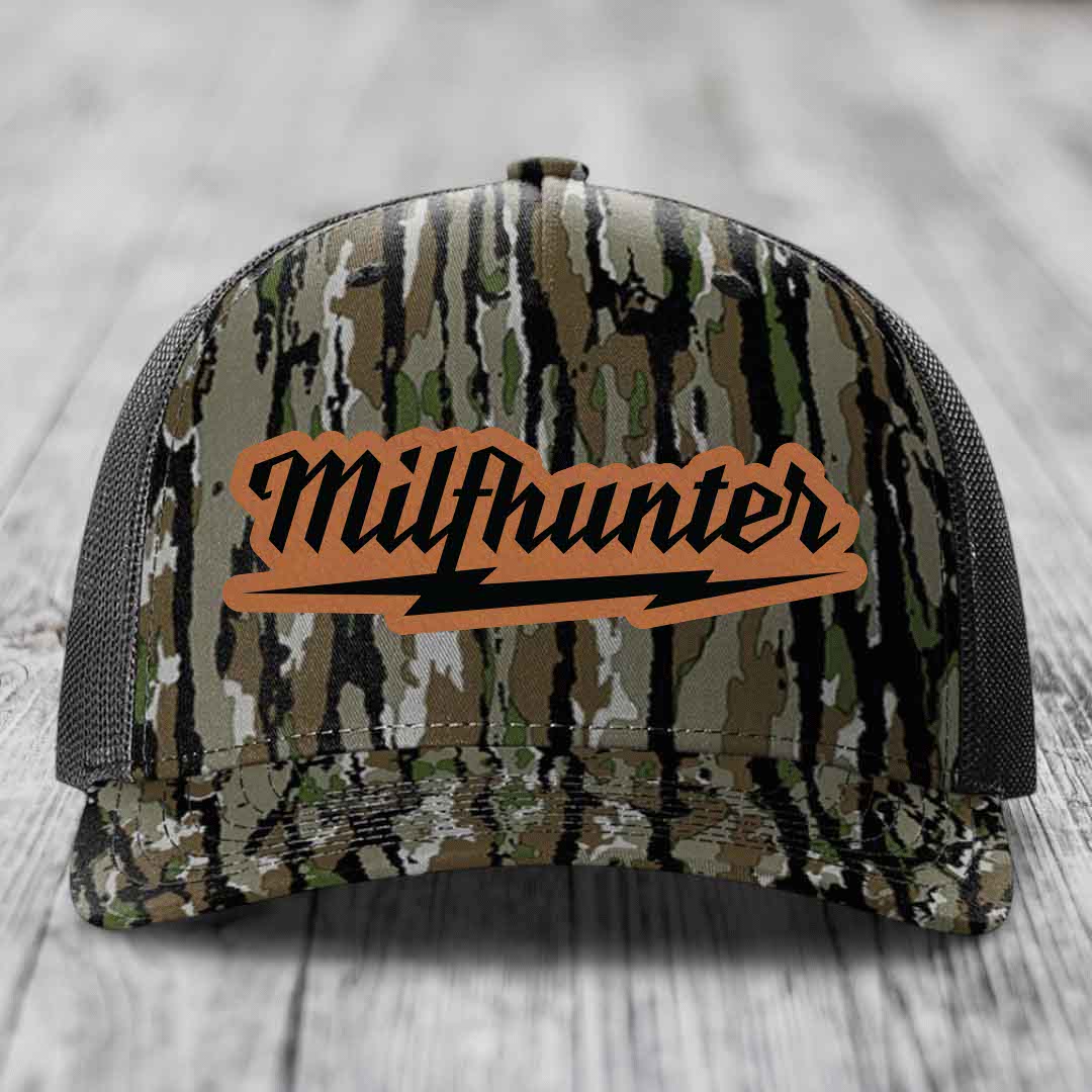 Milfhunter - Leather Patch Hat - Rawhide to Black Patch - Richardson 112PFP Snapback Trucker Hat
