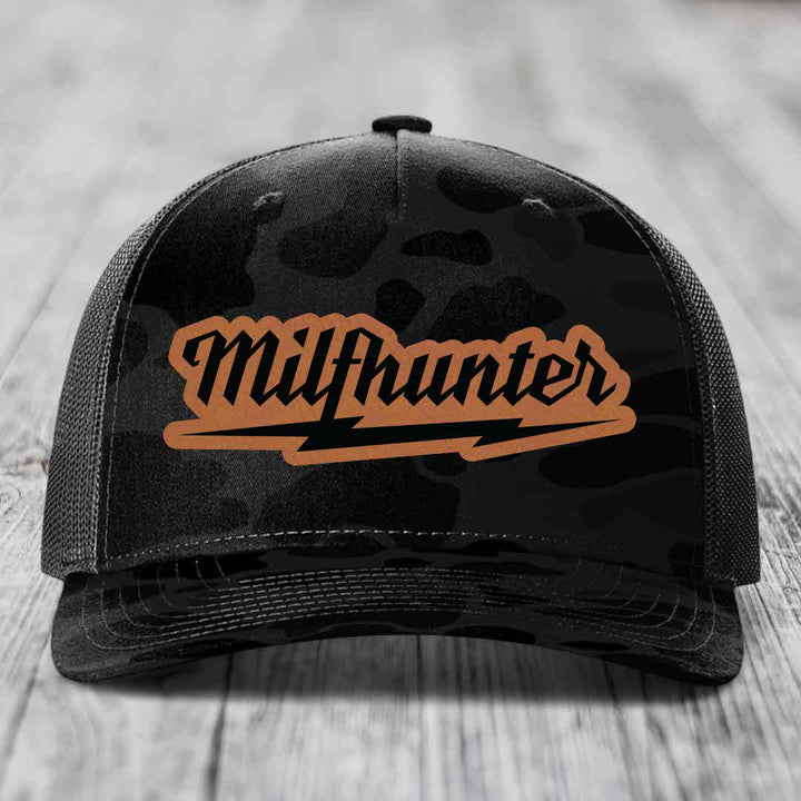 Milfhunter - Leather Patch Hat - Rawhide to Black Patch - Richardson 112PFP Snapback Trucker Hat