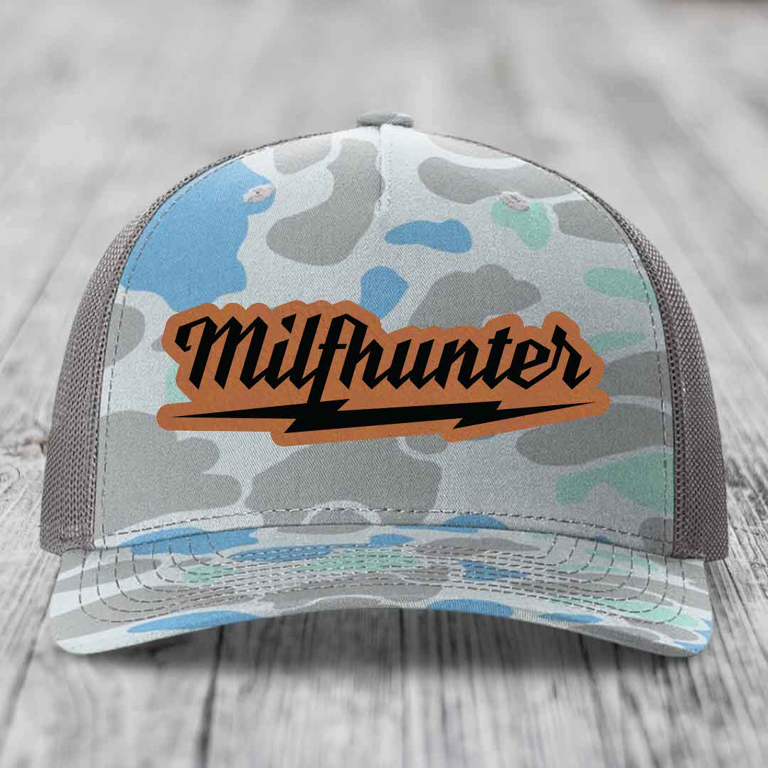 Milfhunter - Leather Patch Hat - Rawhide to Black Patch - Richardson 112PFP Snapback Trucker Hat