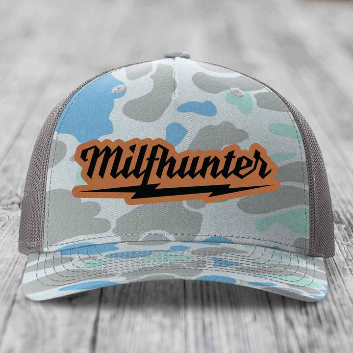 Milfhunter - Leather Patch Hat - Rawhide to Black Patch - Richardson 112PFP Snapback Trucker Hat
