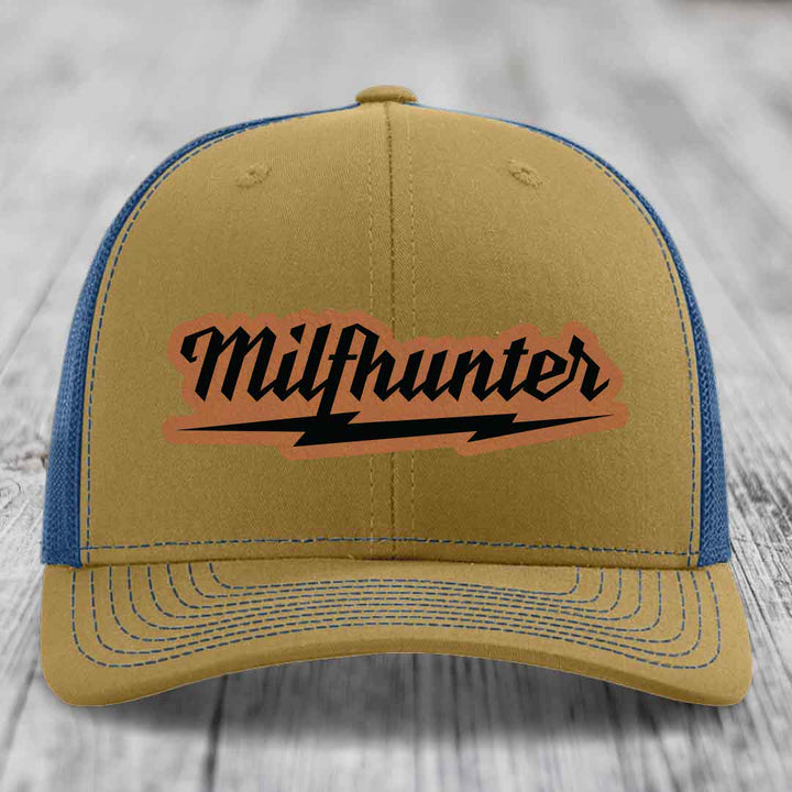 Milfhunter - Leather Patch Hat - Rawhide to Black Patch - Richardson 112 Snapback Trucker Hat