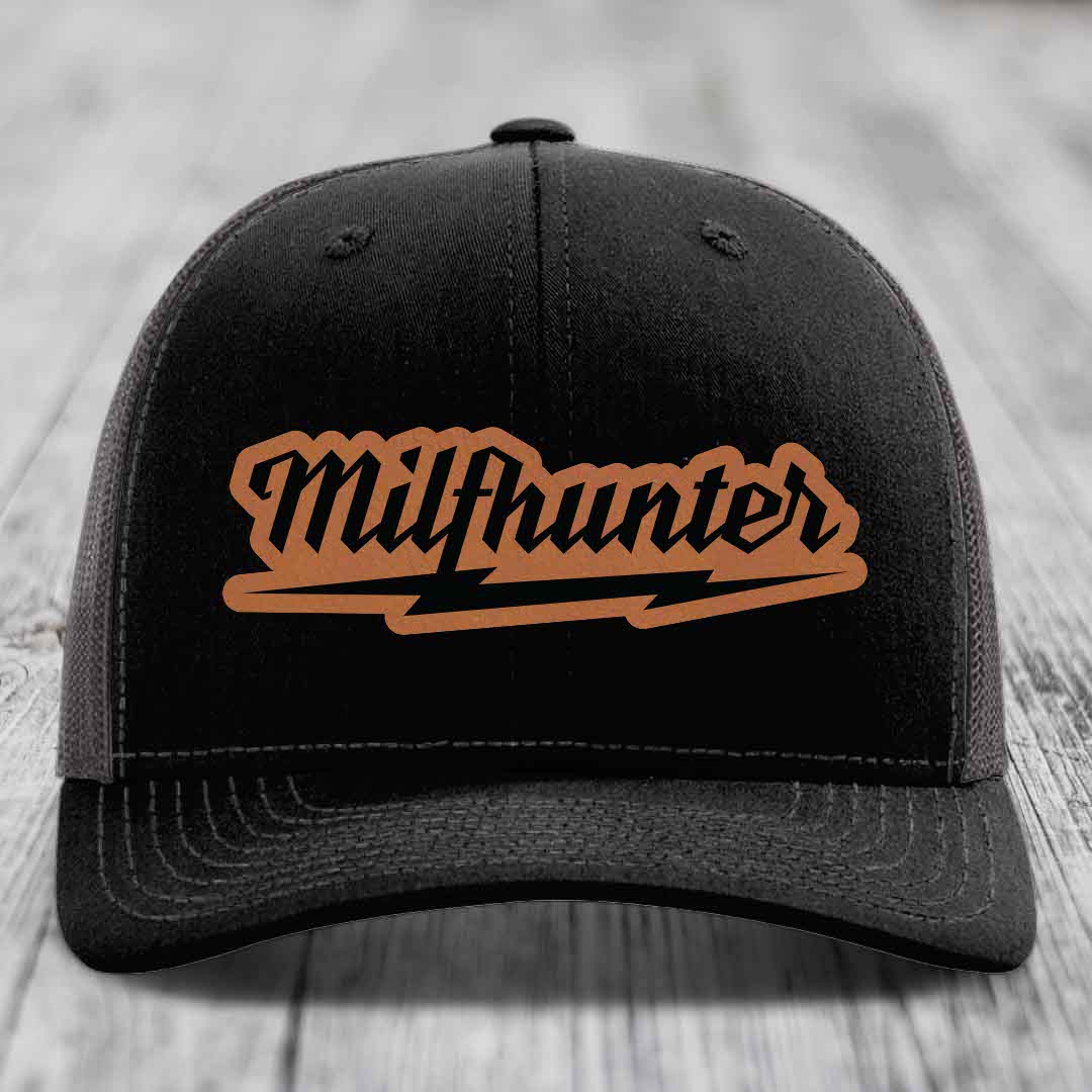 Milfhunter - Leather Patch Hat - Rawhide to Black Patch - Richardson 112 Snapback Trucker Hat