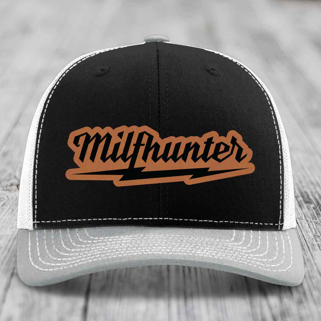 Milfhunter - Leather Patch Hat - Rawhide to Black Patch - Richardson 112 Snapback Trucker Hat