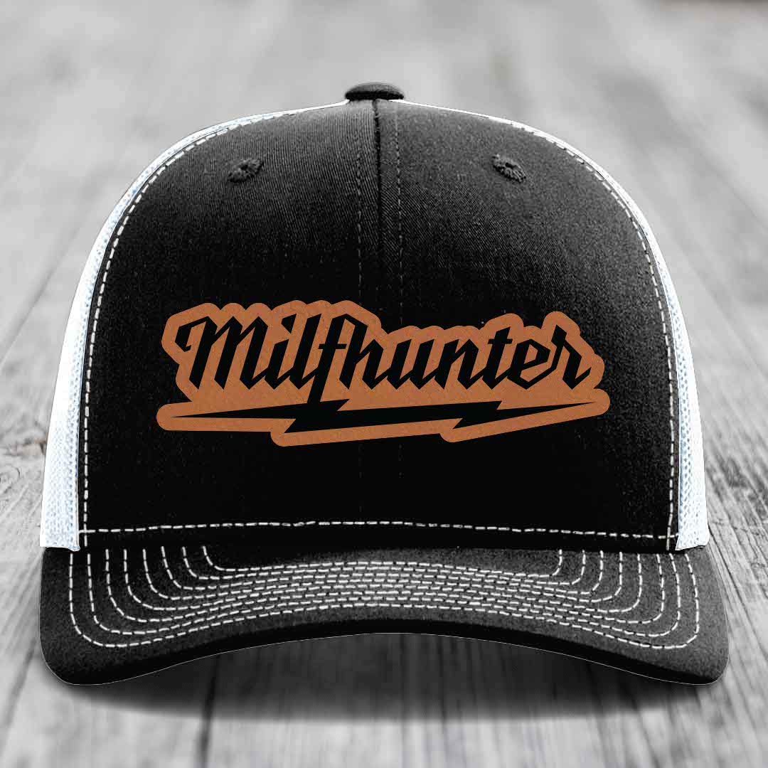 Milfhunter - Leather Patch Hat - Rawhide to Black Patch - Richardson 112 Snapback Trucker Hat