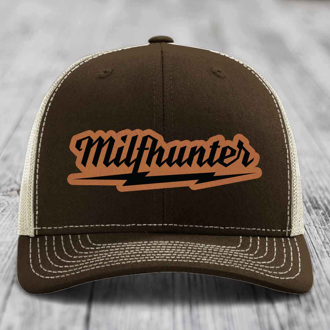 Milfhunter - Leather Patch Hat - Rawhide to Black Patch - Richardson 112 Snapback Trucker Hat