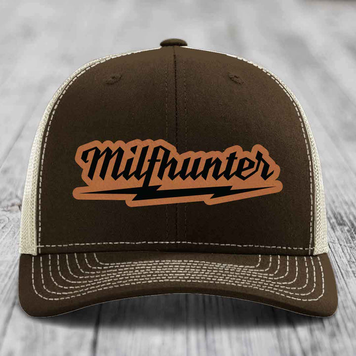 Milfhunter - Leather Patch Hat - Rawhide to Black Patch - Richardson 112 Snapback Trucker Hat