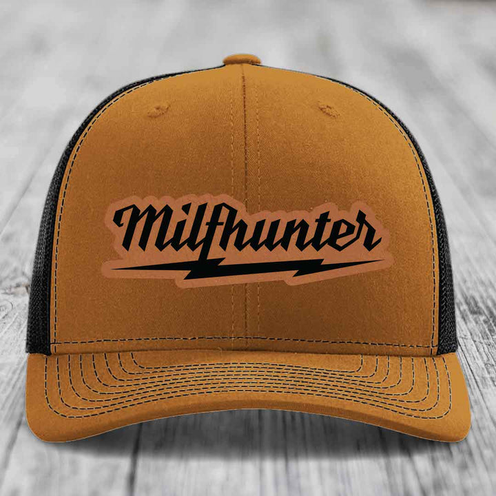 Milfhunter - Leather Patch Hat - Rawhide to Black Patch - Richardson 112 Snapback Trucker Hat