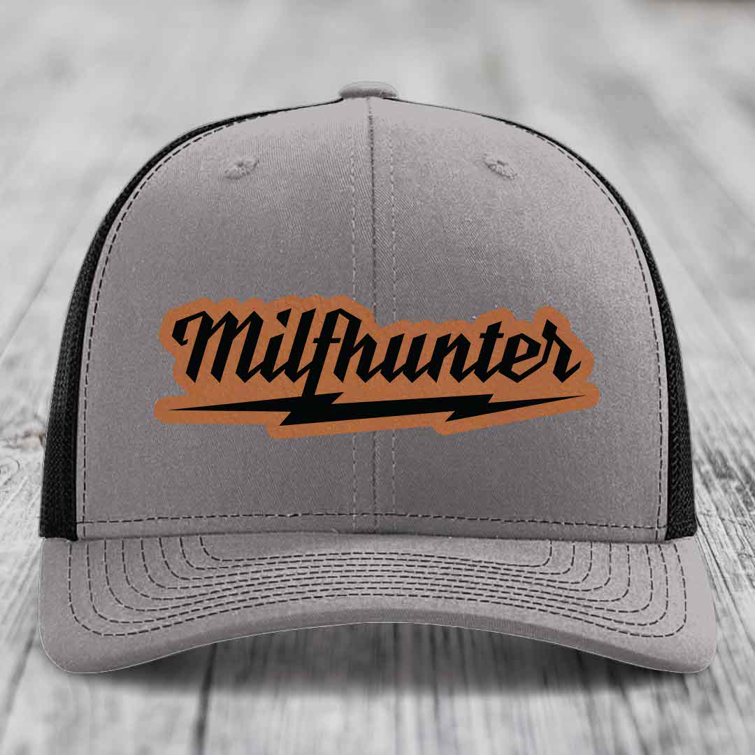 Milfhunter - Leather Patch Hat - Rawhide to Black Patch - Richardson 112 Snapback Trucker Hat