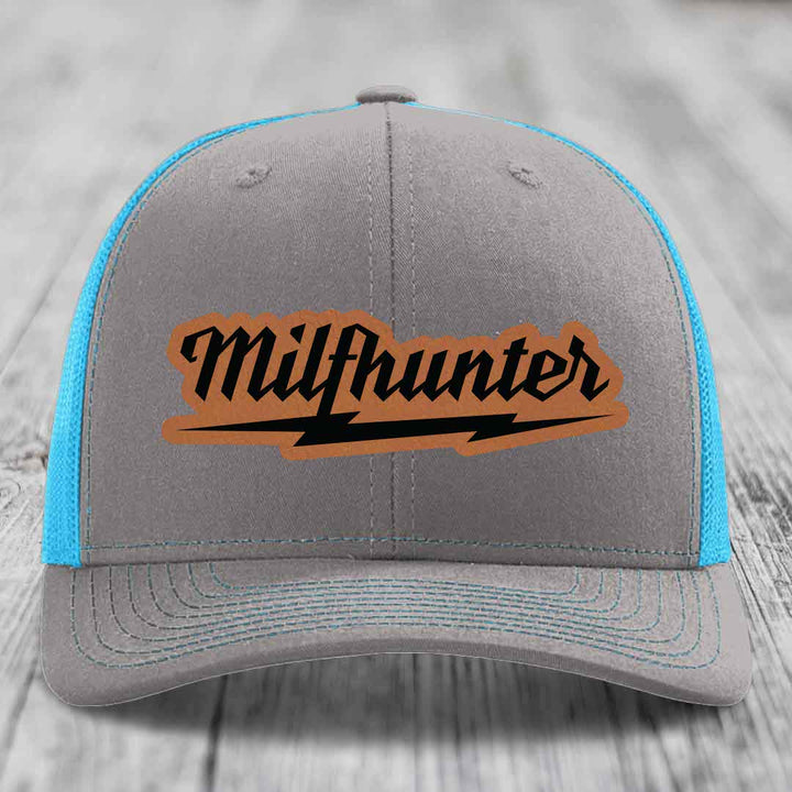 Milfhunter - Leather Patch Hat - Rawhide to Black Patch - Richardson 112 Snapback Trucker Hat