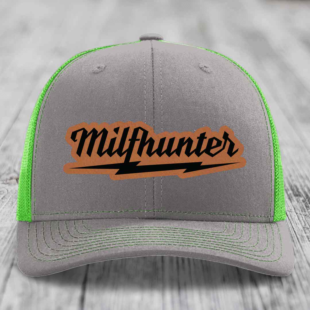 Milfhunter - Leather Patch Hat - Rawhide to Black Patch - Richardson 112 Snapback Trucker Hat