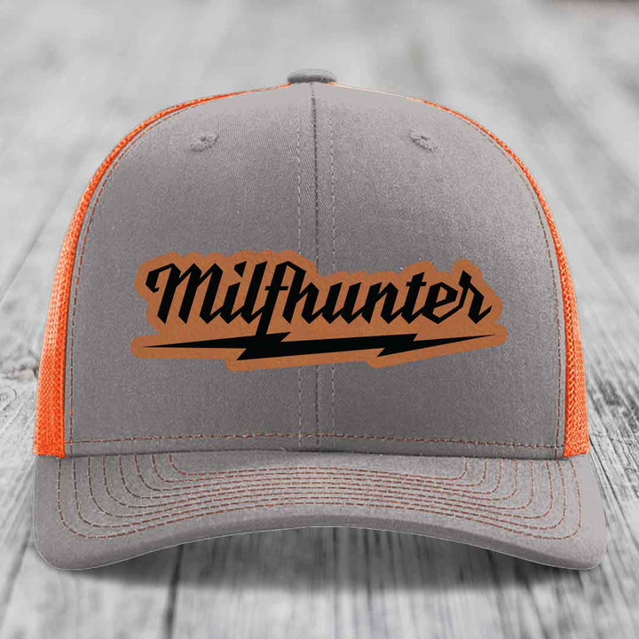 Milfhunter - Leather Patch Hat - Rawhide to Black Patch - Richardson 112 Snapback Trucker Hat