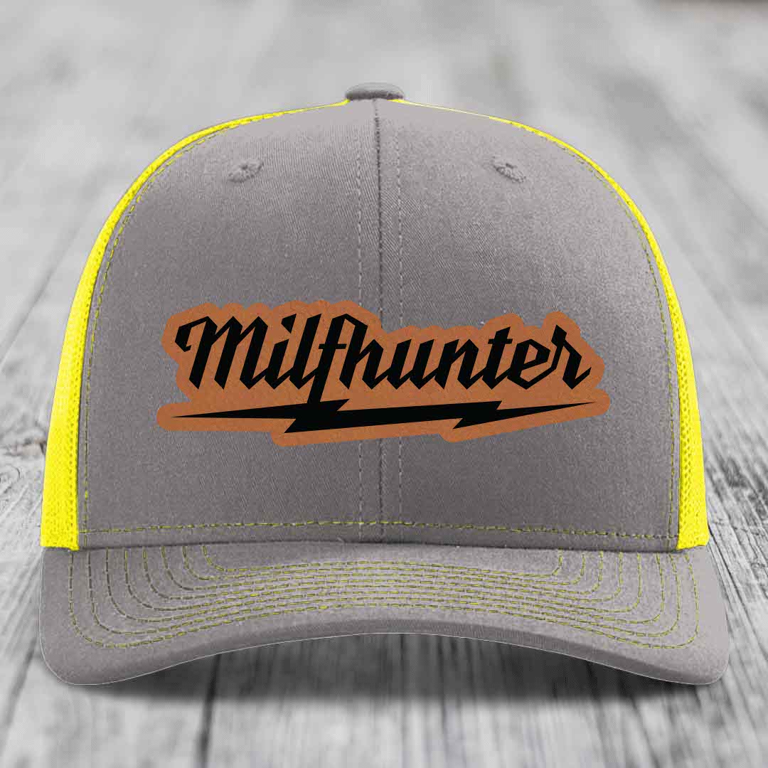 Milfhunter - Leather Patch Hat - Rawhide to Black Patch - Richardson 112 Snapback Trucker Hat