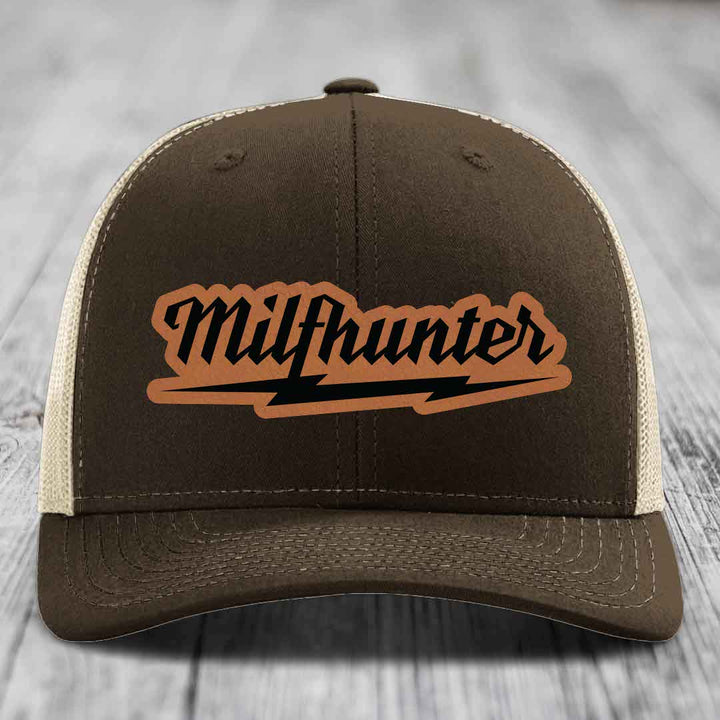 Milfhunter - Leather Patch Hat - Rawhide to Black Patch - Richardson 112 Snapback Trucker Hat