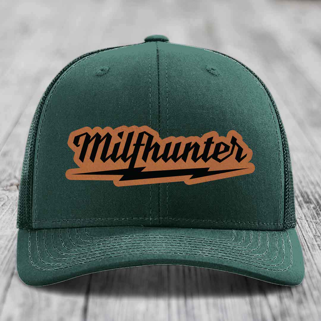Milfhunter - Leather Patch Hat - Rawhide to Black Patch - Richardson 112 Snapback Trucker Hat