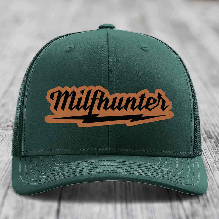 Milfhunter - Leather Patch Hat - Rawhide to Black Patch - Richardson 112 Snapback Trucker Hat