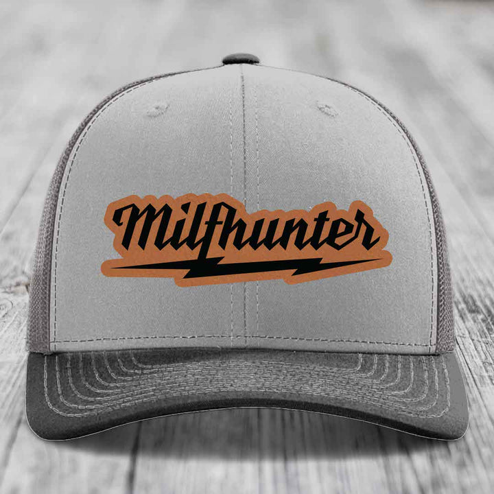 Milfhunter - Leather Patch Hat - Rawhide to Black Patch - Richardson 112 Snapback Trucker Hat