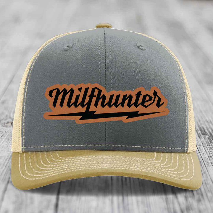Milfhunter - Leather Patch Hat - Rawhide to Black Patch - Richardson 112 Snapback Trucker Hat