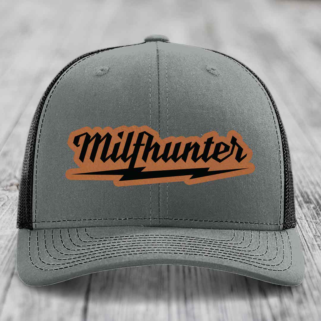 Milfhunter - Leather Patch Hat - Rawhide to Black Patch - Richardson 112 Snapback Trucker Hat