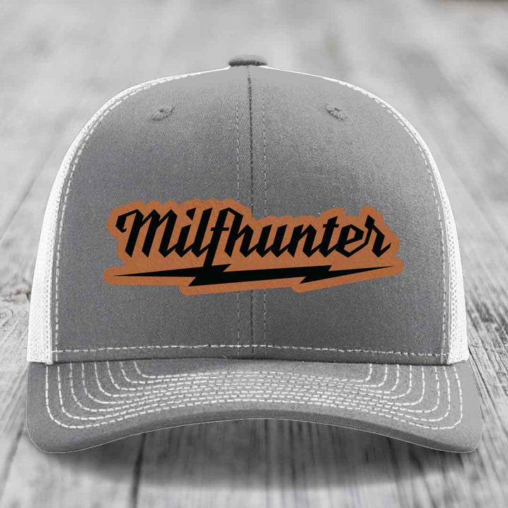 Milfhunter - Leather Patch Hat - Rawhide to Black Patch - Richardson 112 Snapback Trucker Hat