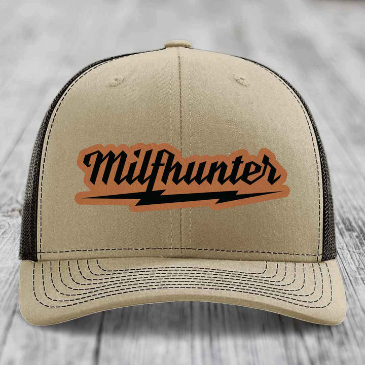 Milfhunter - Leather Patch Hat - Rawhide to Black Patch - Richardson 112 Snapback Trucker Hat