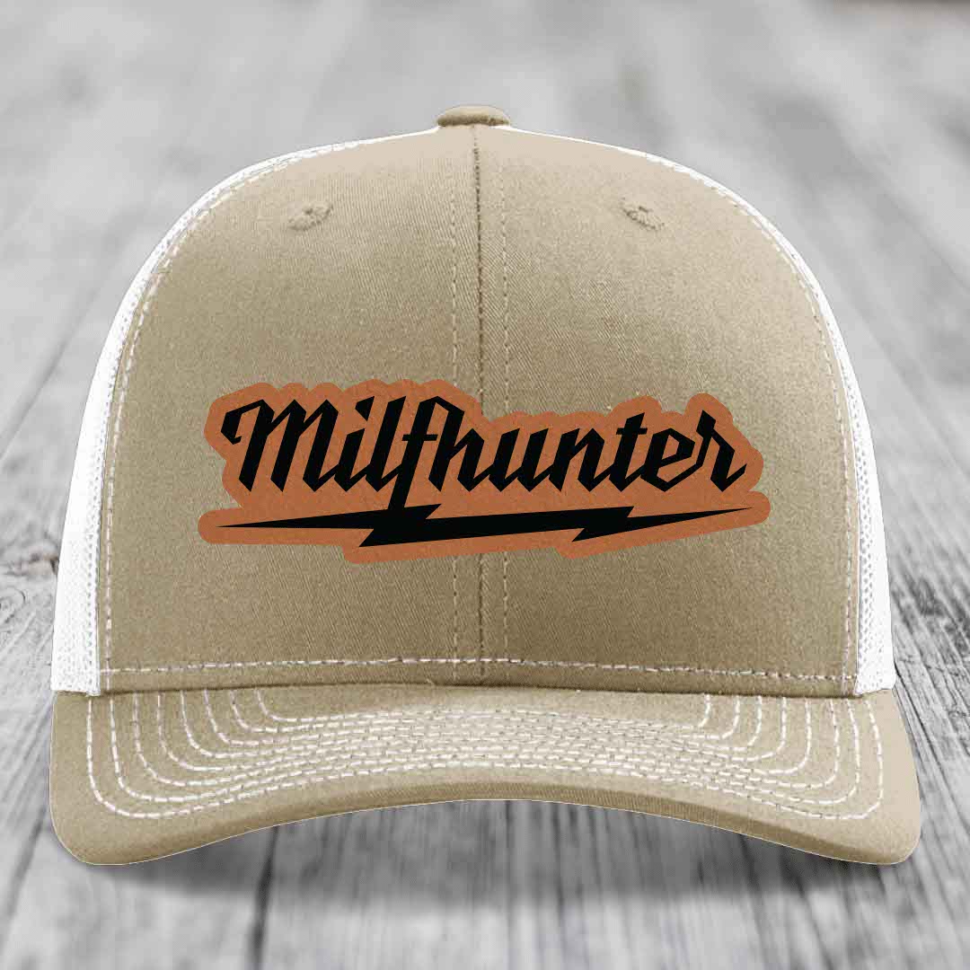 Milfhunter - Leather Patch Hat - Rawhide to Black Patch - Richardson 112 Snapback Trucker Hat