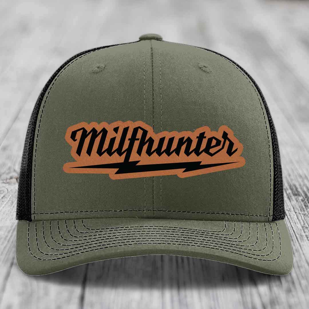 Milfhunter - Leather Patch Hat - Rawhide to Black Patch - Richardson 112 Snapback Trucker Hat