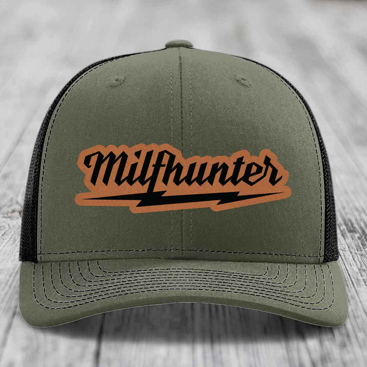 Milfhunter - Leather Patch Hat - Rawhide to Black Patch - Richardson 112 Snapback Trucker Hat