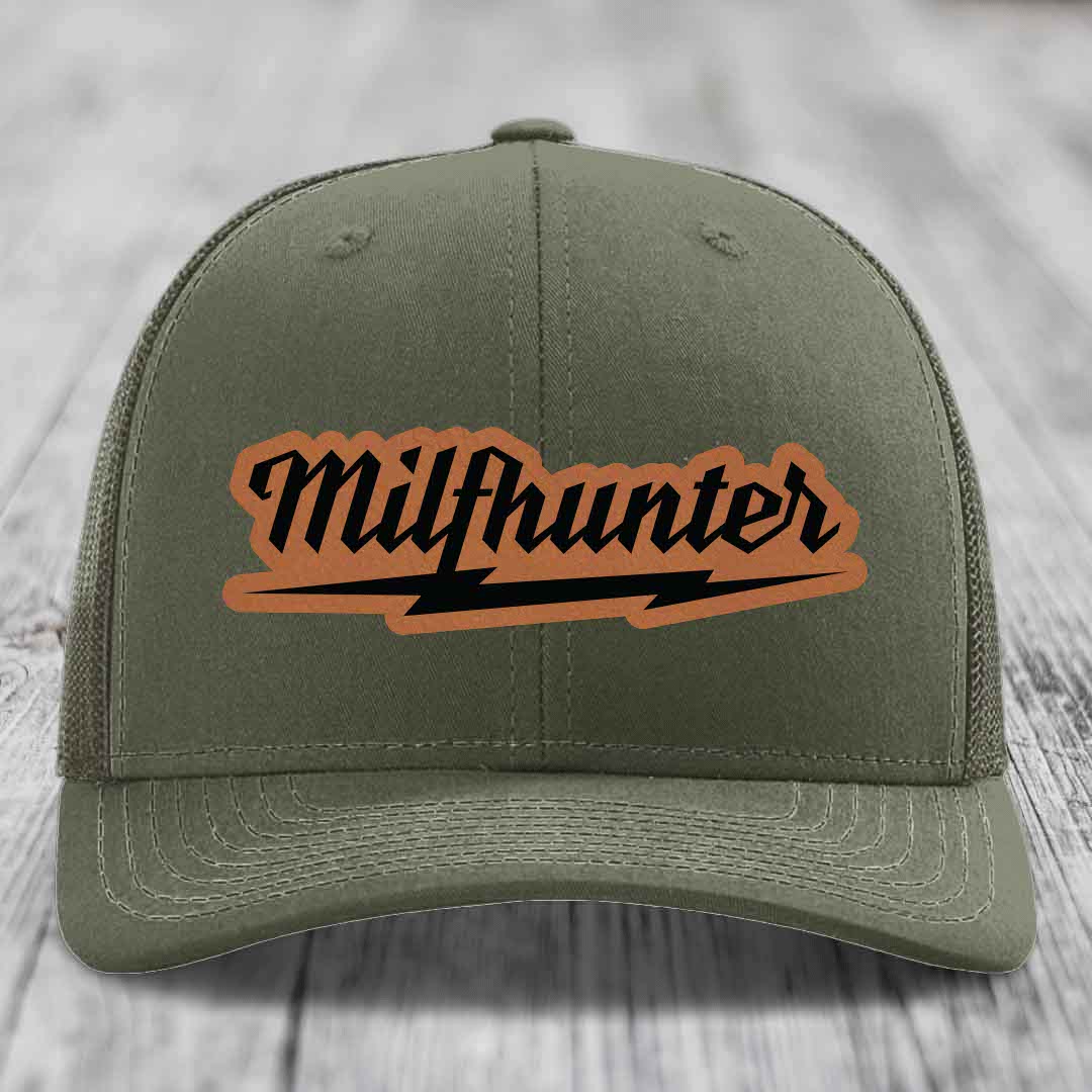 Milfhunter - Leather Patch Hat - Rawhide to Black Patch - Richardson 112 Snapback Trucker Hat