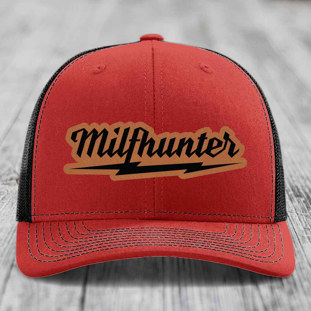 Milfhunter - Leather Patch Hat - Rawhide to Black Patch - Richardson 112 Snapback Trucker Hat