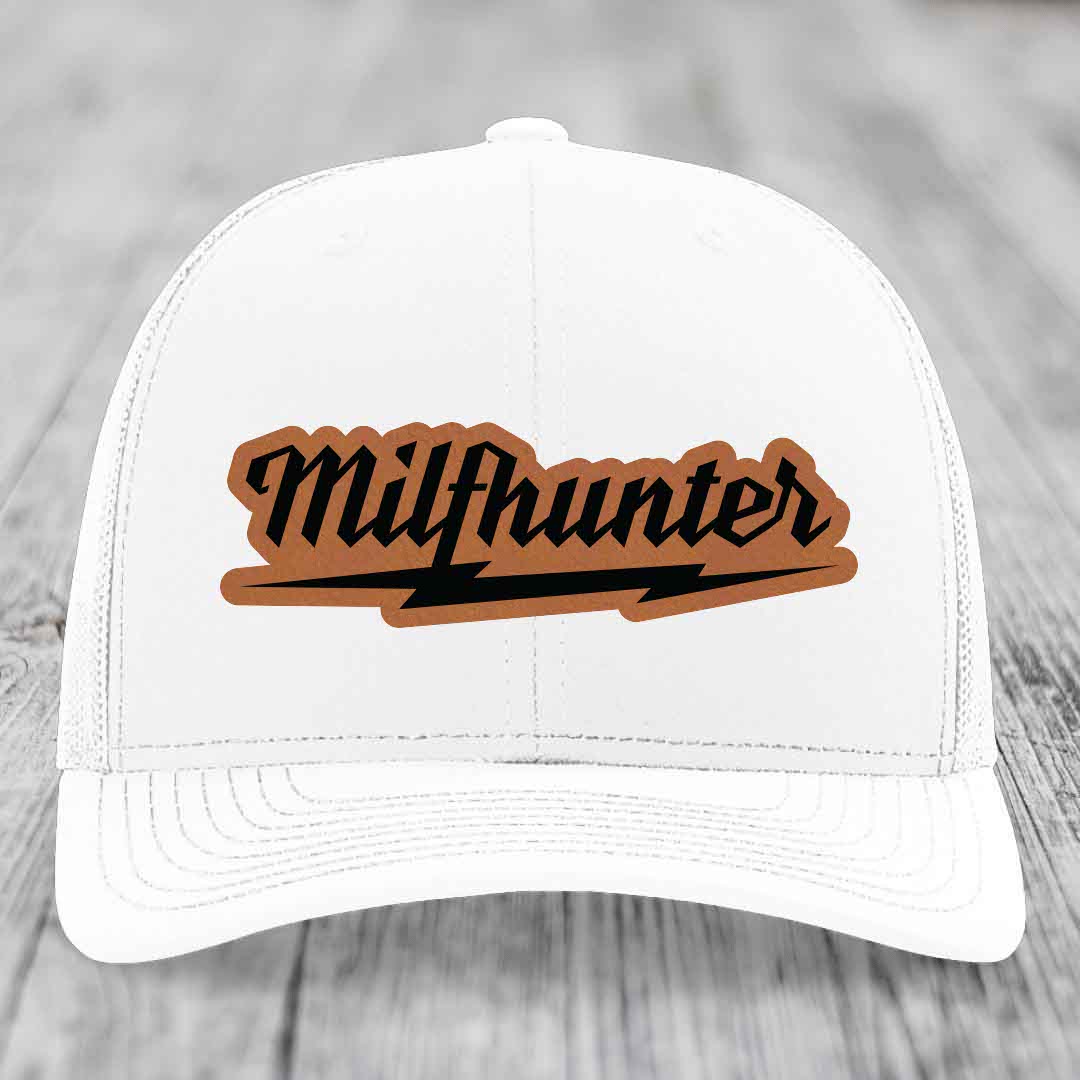 Milfhunter - Leather Patch Hat - Rawhide to Black Patch - Richardson 112 Snapback Trucker Hat