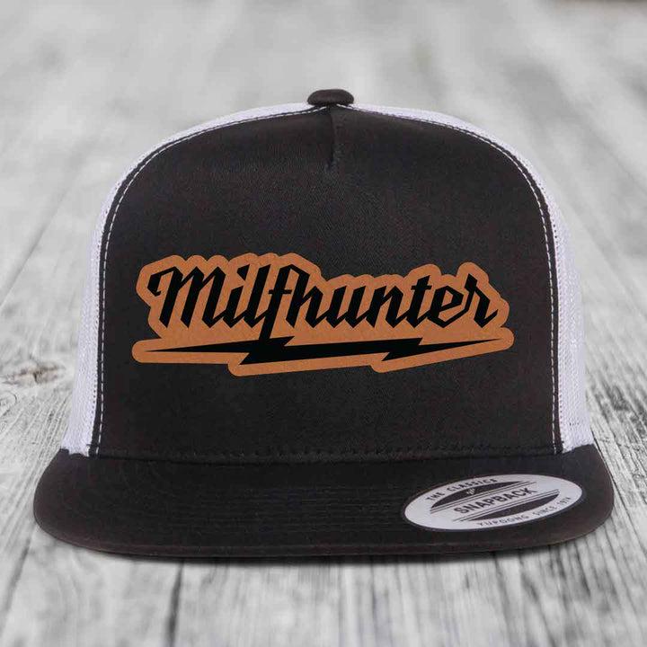 Milfhunter - Leather Patch Hat - Rawhide to Black Patch - Yupoong 6006 Snapback Flatbill Hat