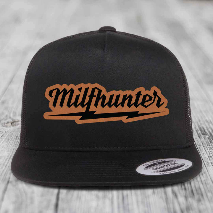 Milfhunter - Leather Patch Hat - Rawhide to Black Patch - Yupoong 6006 Snapback Flatbill Hat
