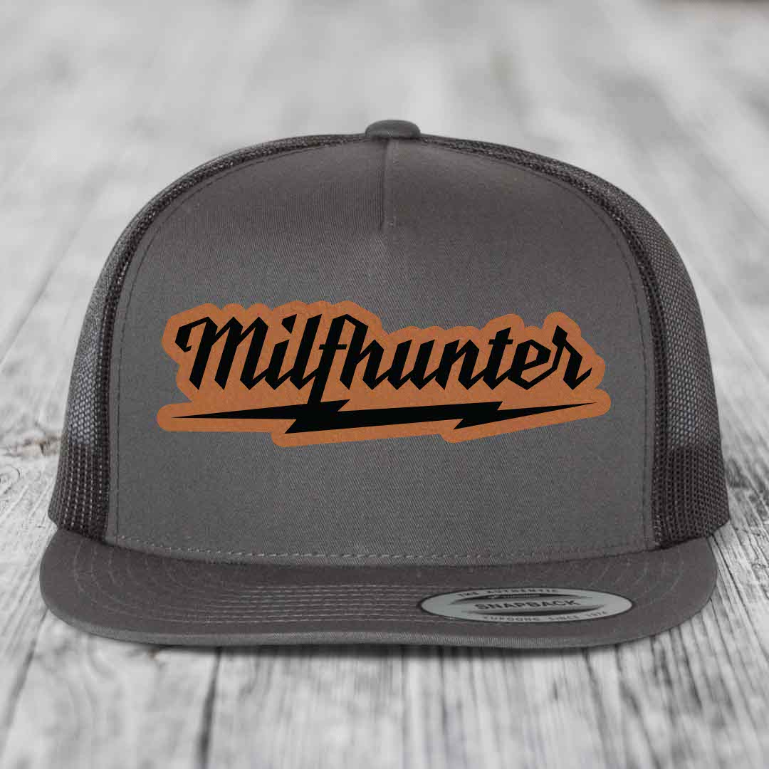 Milfhunter - Leather Patch Hat - Rawhide to Black Patch - Yupoong 6006 Snapback Flatbill Hat