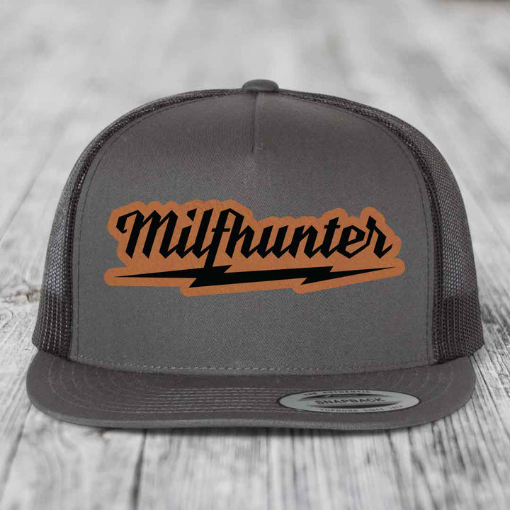 Milfhunter - Leather Patch Hat - Rawhide to Black Patch - Yupoong 6006 Snapback Flatbill Hat