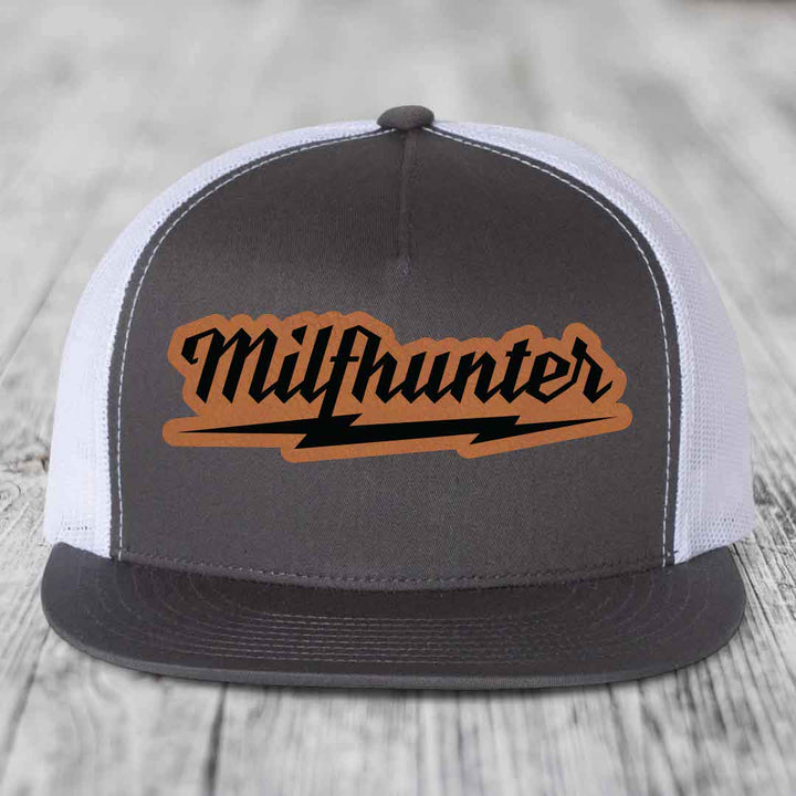 Milfhunter - Leather Patch Hat - Rawhide to Black Patch - Yupoong 6006 Snapback Flatbill Hat