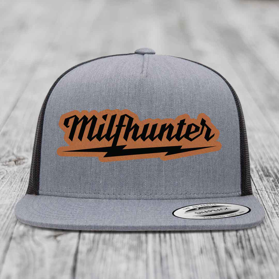 Milfhunter - Leather Patch Hat - Rawhide to Black Patch - Yupoong 6006 Snapback Flatbill Hat