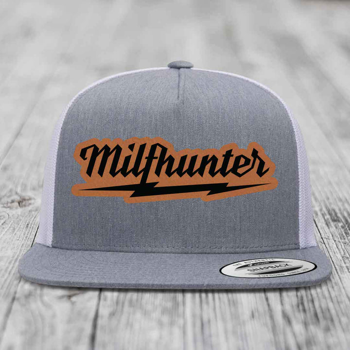 Milfhunter - Leather Patch Hat - Rawhide to Black Patch - Yupoong 6006 Snapback Flatbill Hat