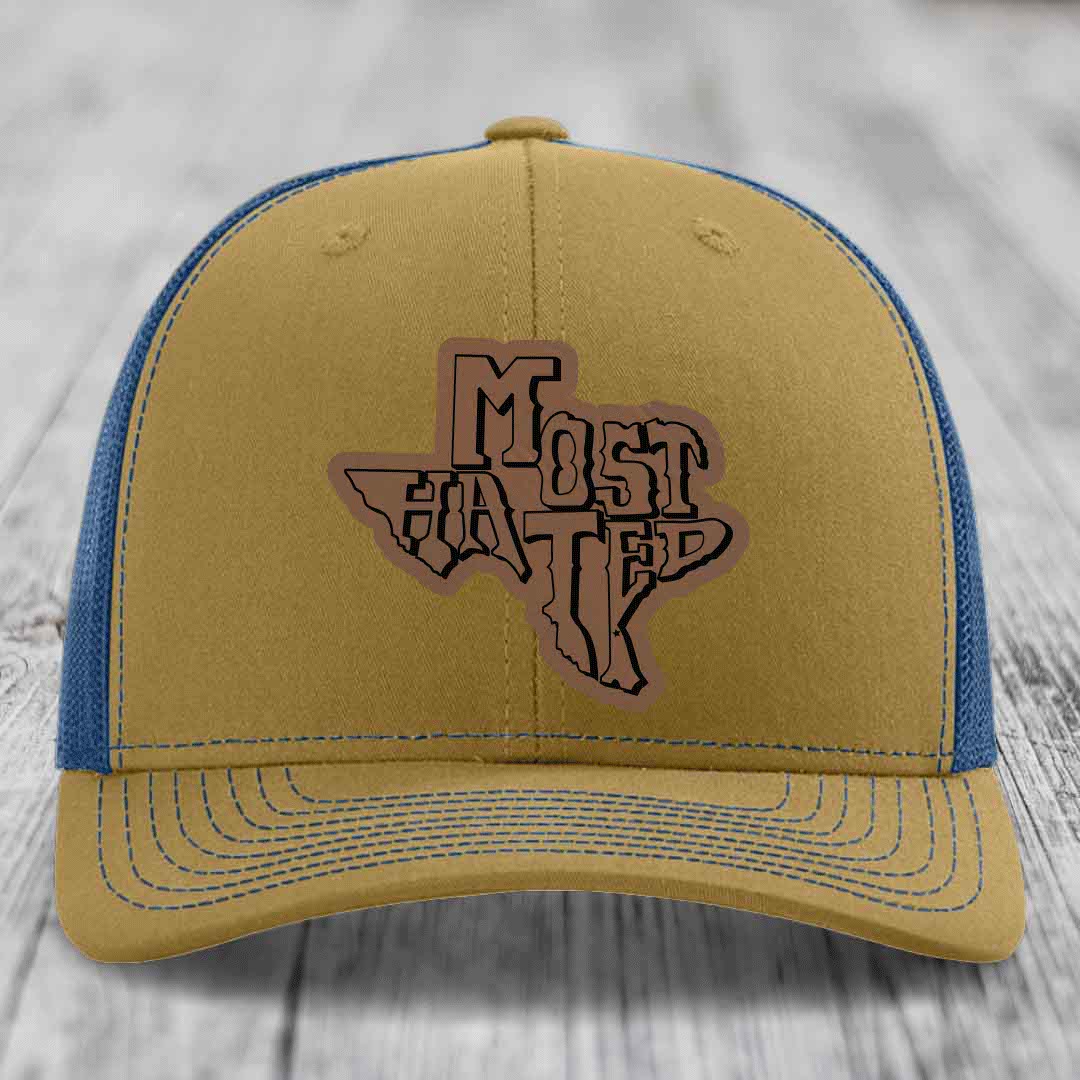 Most Hated (Texas) - Leather Patch Hat - Dark Brown to Black Patch - Richardson 112 Snapback Trucker Hat