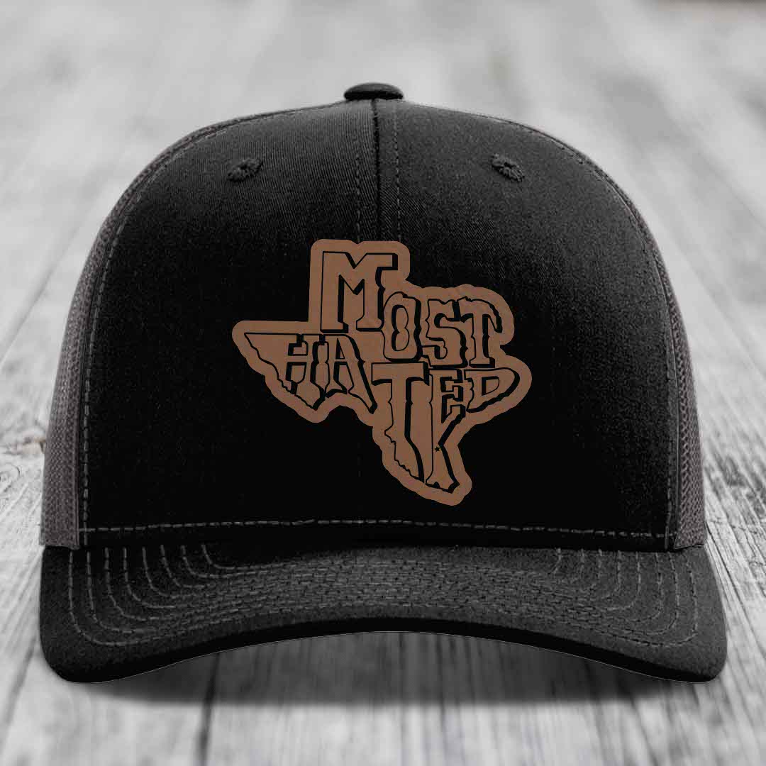 Most Hated (Texas) - Leather Patch Hat - Dark Brown to Black Patch - Richardson 112 Snapback Trucker Hat