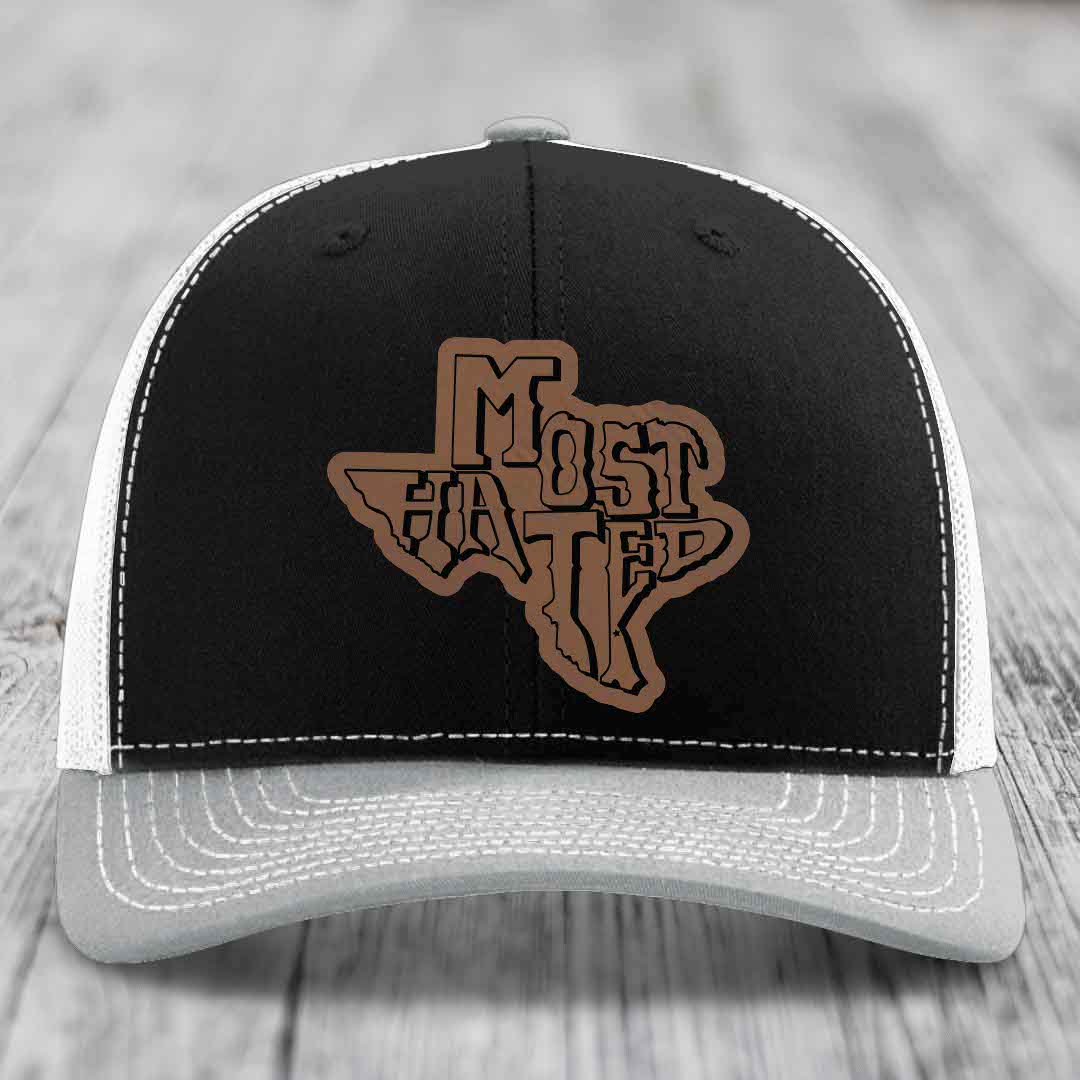 Most Hated (Texas) - Leather Patch Hat - Dark Brown to Black Patch - Richardson 112 Snapback Trucker Hat