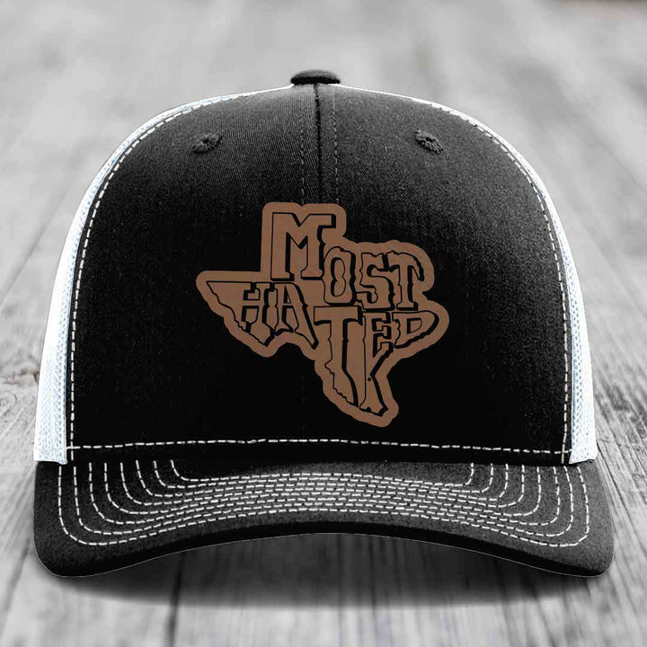 Most Hated (Texas) - Leather Patch Hat - Dark Brown to Black Patch - Richardson 112 Snapback Trucker Hat
